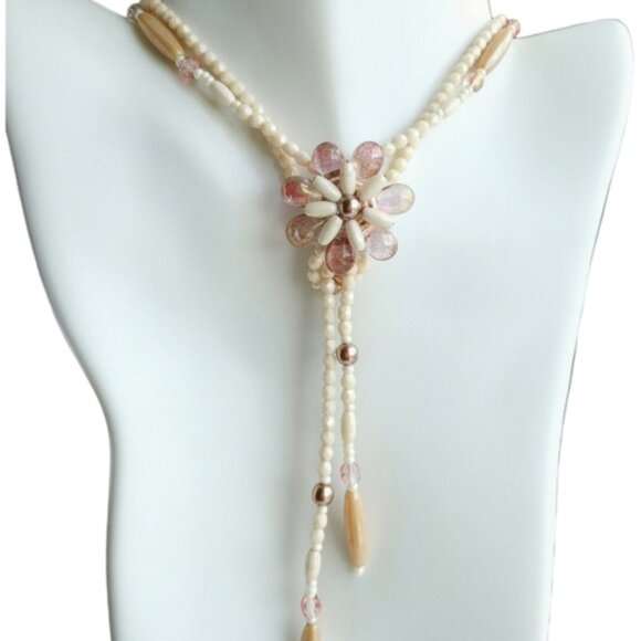 VINTAGE 70s Lariat long necklace of pearly beads in cream and rose - Picture 7 of 9